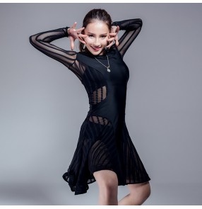 Turquoise black women's ladies hollow waist sleeves competition performance professional latin  cha cha dance dresses 